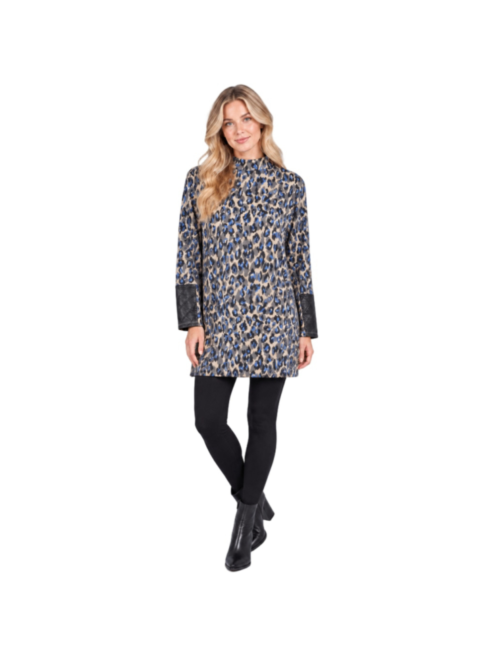 Tyler Boe Blue Grey Leopard Print Mock Neck Tunic Top Faux Leather Cuff Size L